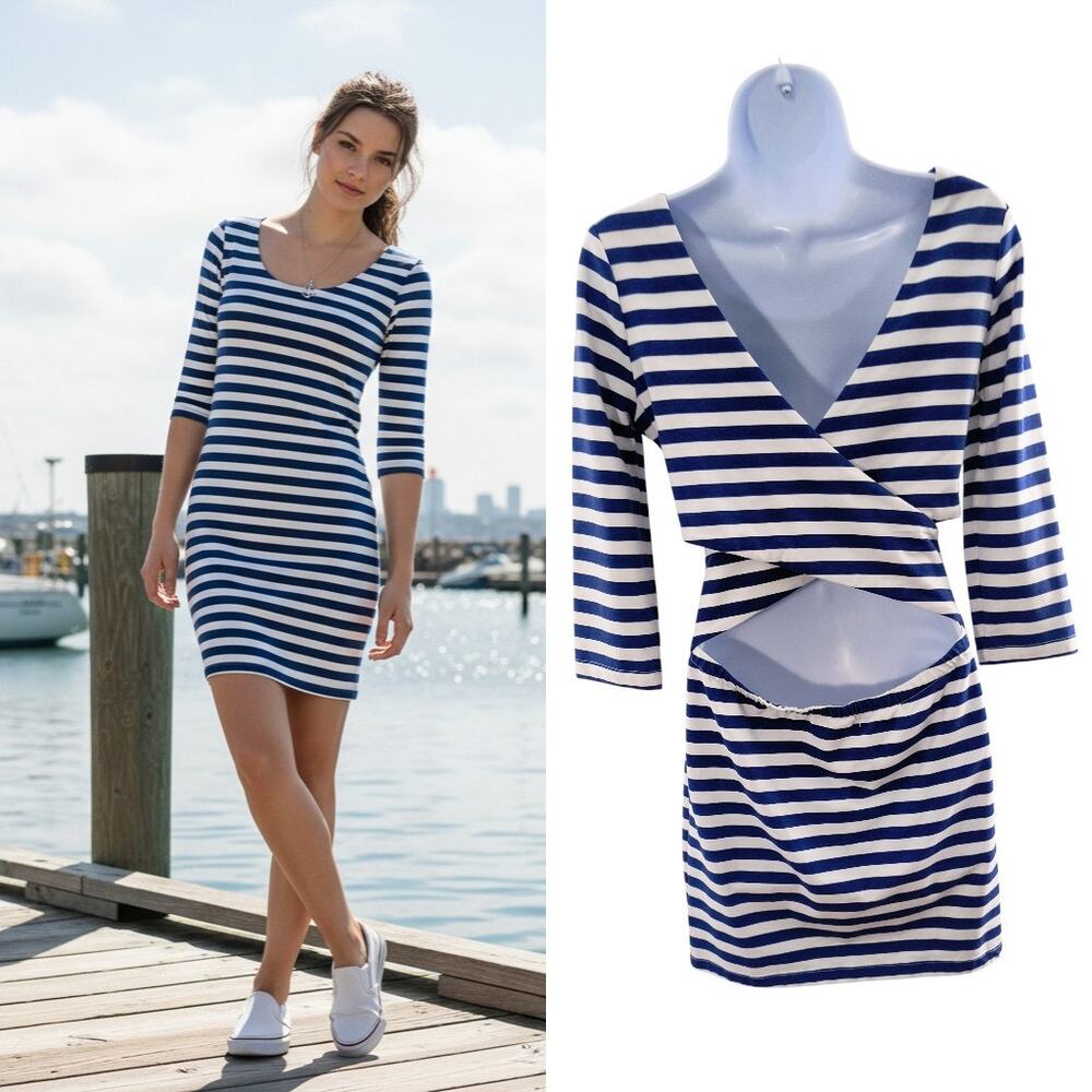 Billabong Crisscross Open Back Mini Dress Sz M Blue White Striped Stretch Knit